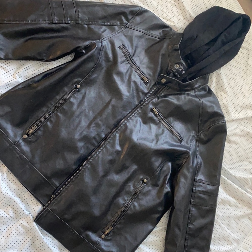 GUESS hooded leather look jacket. Staple jacket for the spring and fall.